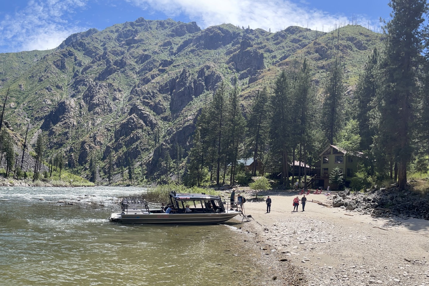 Jet Boat parked at China bar Lodge on the Salmon River in Idaho
